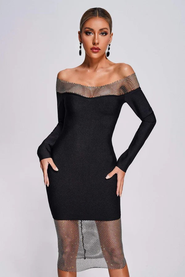 Evening dress with rhinestones, long sleeves, and an off-the-shoulder neckline.