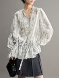 Fashionable Spring Summer Floral Print Ruffled V-Neck Tie Waist Blouse