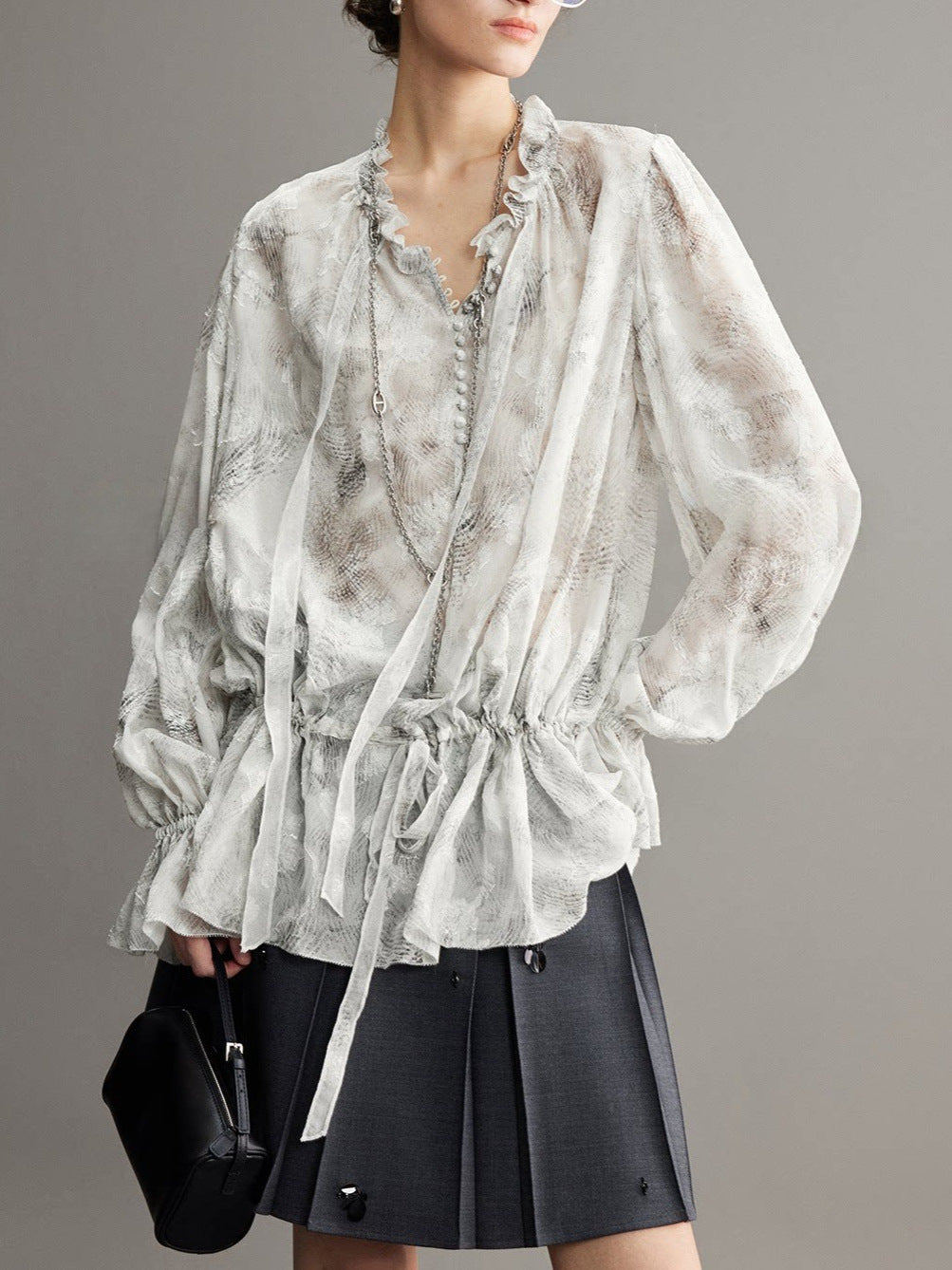 Fashionable Spring Summer Floral Print Ruffled V-Neck Tie Waist Blouse