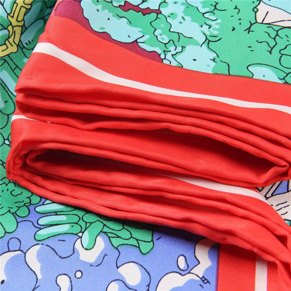 Manual Hand Rolled Twill Silk Scarf Women Ocean City Print Square Scarves