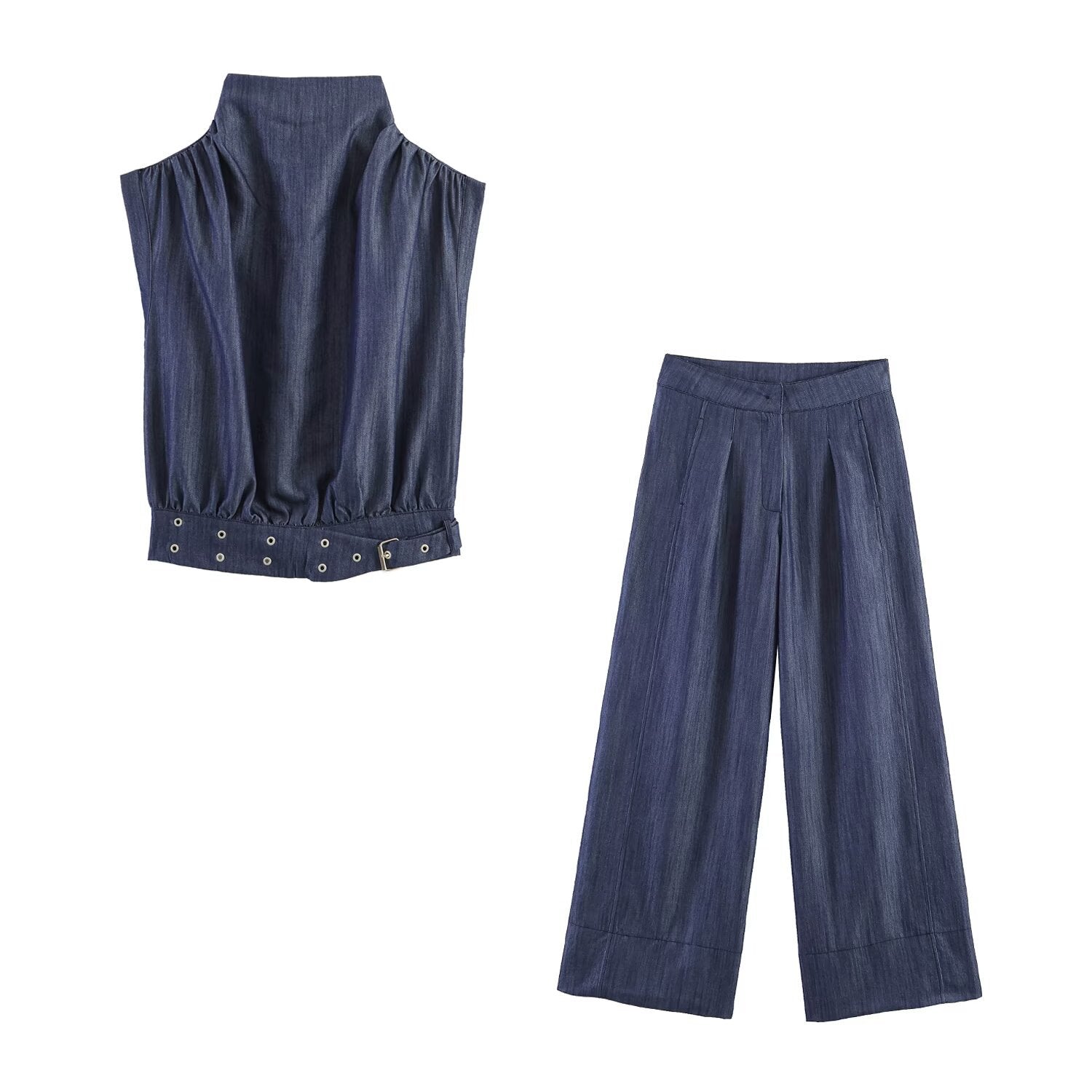 Rivet buckle top+wide leg pants set