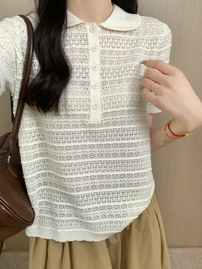 Knit Short Sleeve T-Shirt Silk Wool Polo Collar Hollow Out Casual Top