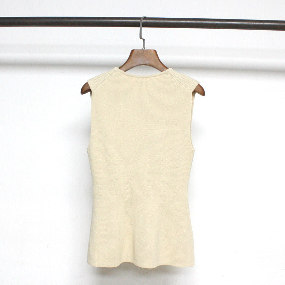 Beige Viscose Fiber Slim Fit Ruffled Tank Top Small Sleeveless Simple B Pair Knit