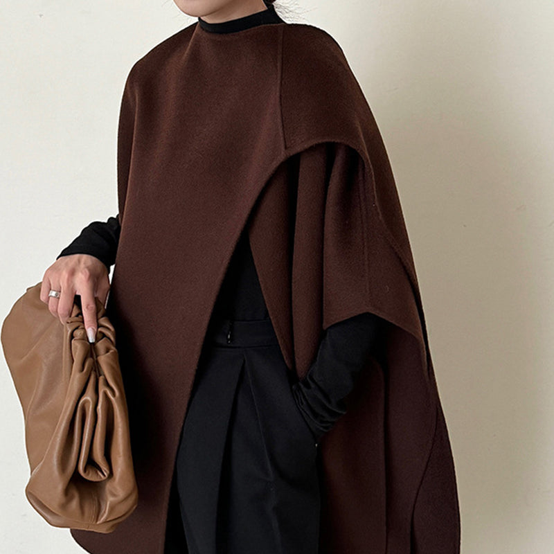 Women's woolen overcoat with a simple style and a sense of high class featuring a top cloak and shawl