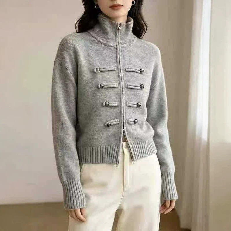 Stand Collar Double Zipper Short Length Long Sleeve Knit Women Sweater Thickened Short Jacket