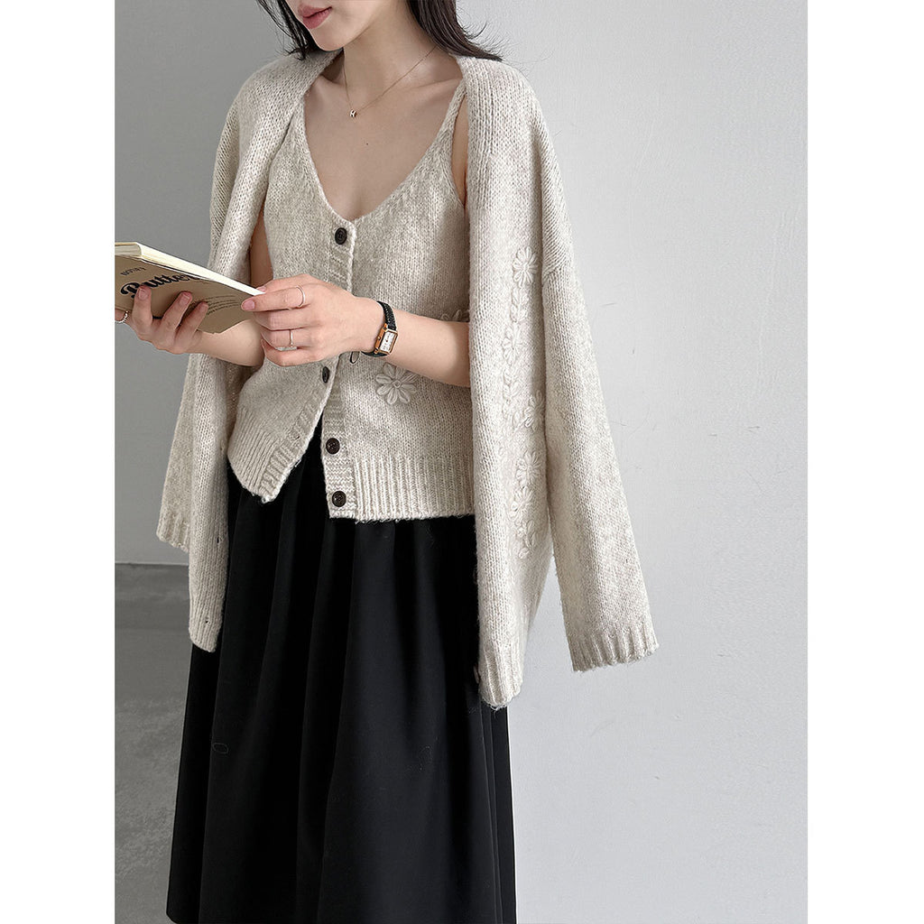 Vintage Embroidered Knit Cardigan + Sleeveless Tank Top Women's Two-Piece Set