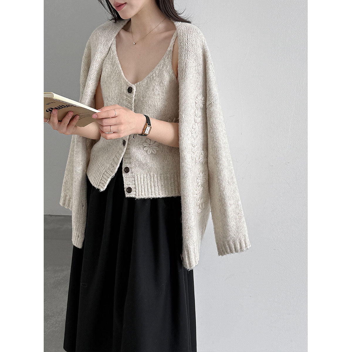 Vintage Embroidered Knit Cardigan + Sleeveless Tank Top Women's Two-Piece Set