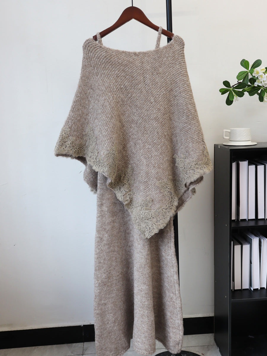 Splicing lace cape camisole dress two-piece set