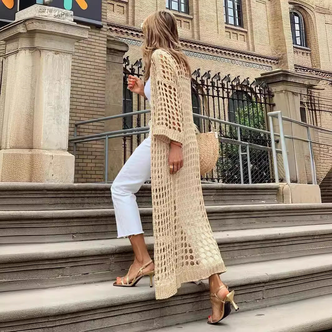 Apricot colored hollowed out elongated  fairy versatile cardigan knitted sweater