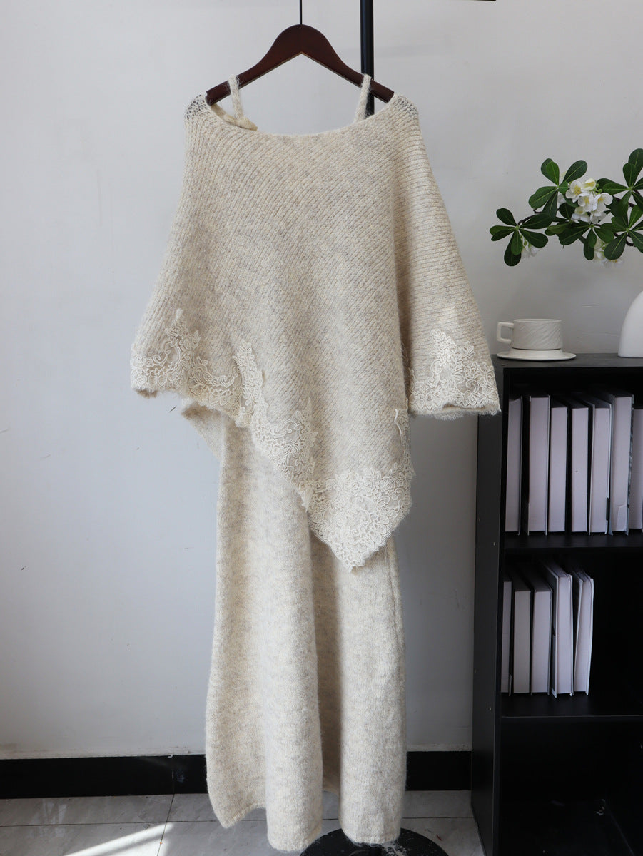 Splicing lace cape camisole dress two-piece set