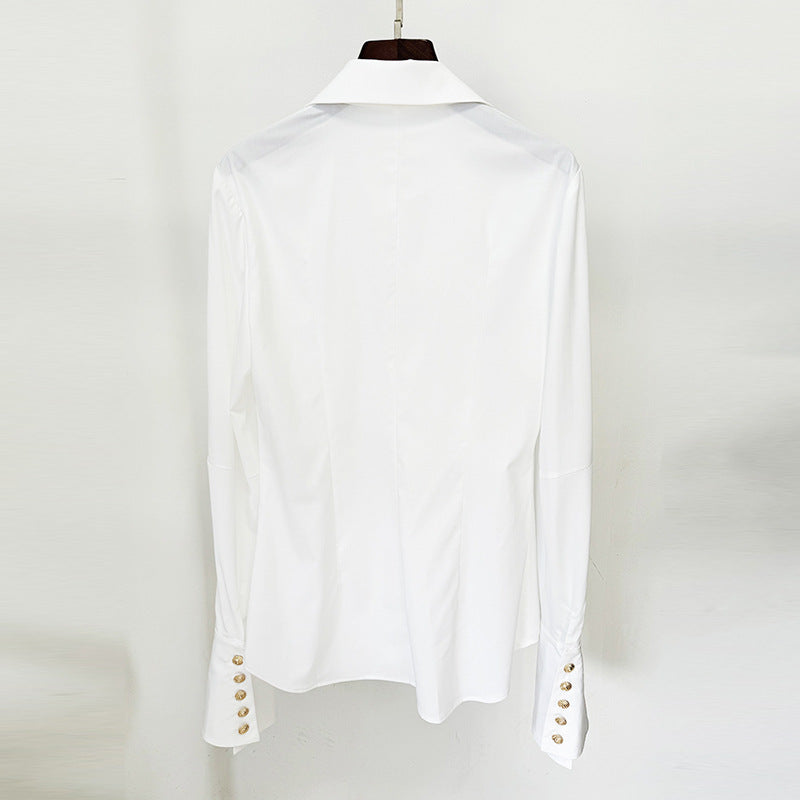 European and American celebrities fashion simple slim fit versatile white long sleeved trumpet sleeve shirt