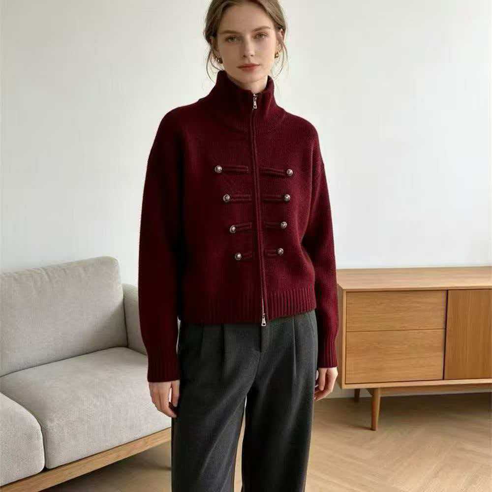 Stand Collar Double Zipper Short Length Long Sleeve Knit Women Sweater Thickened Short Jacket