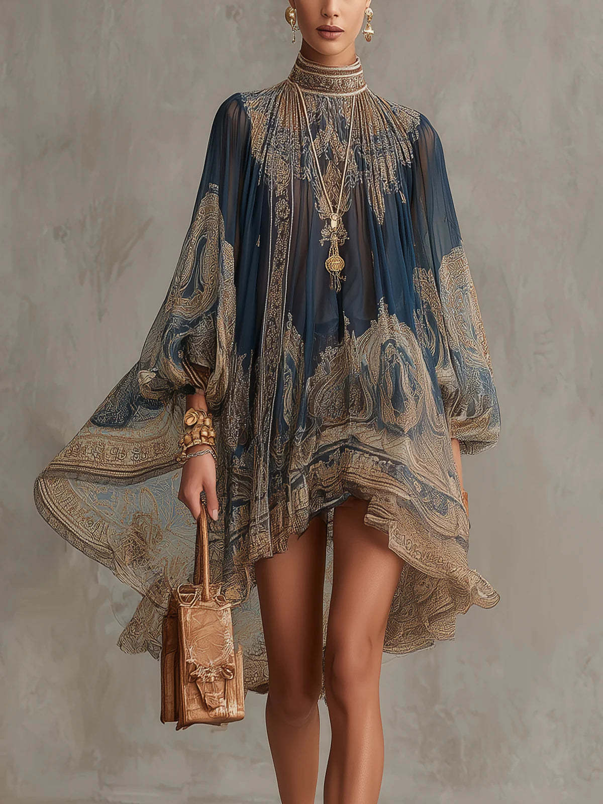 Printed Long Sleeve High Neck Loose Dress