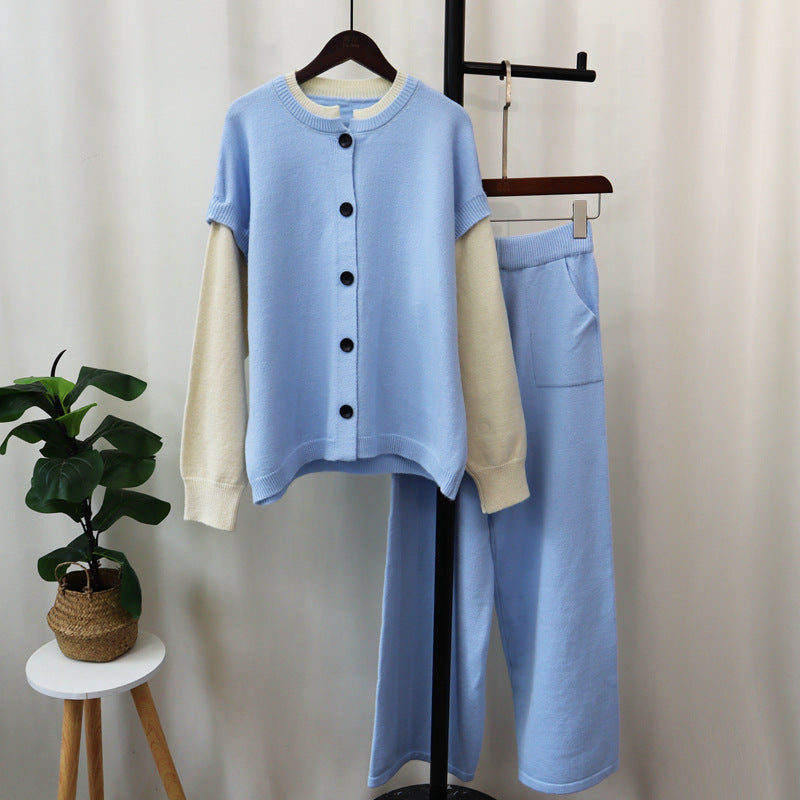 Detachable sleeve knitted cardigan, woolen pants, loose contrasting sweater set for women's fashion
