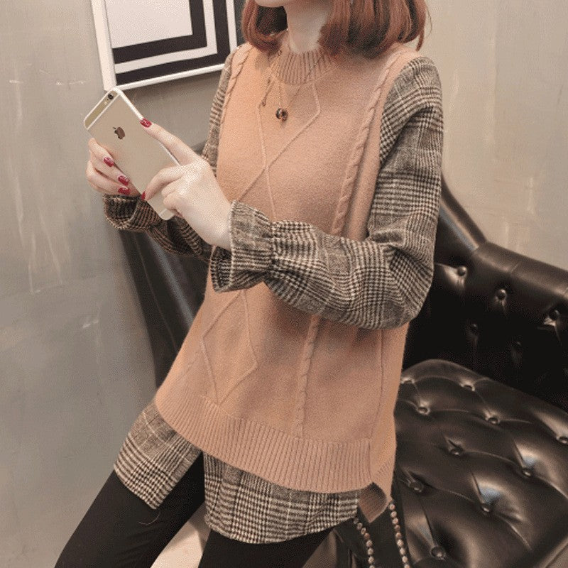 Fake two round neck pullover versatile base knit sweater