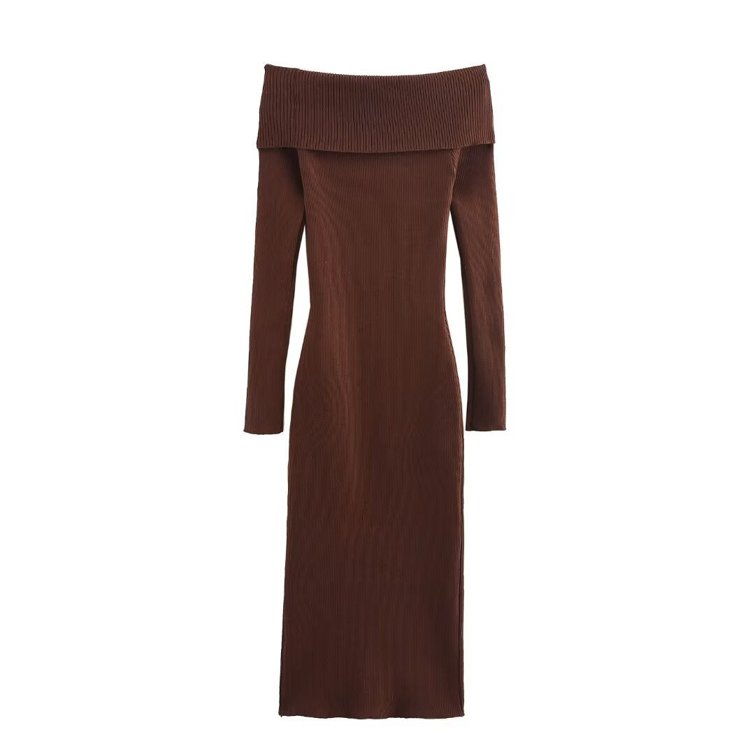 A trendy, minimalist, form-fitting knit dress with long sleeves and an off-the-shoulder neckline.