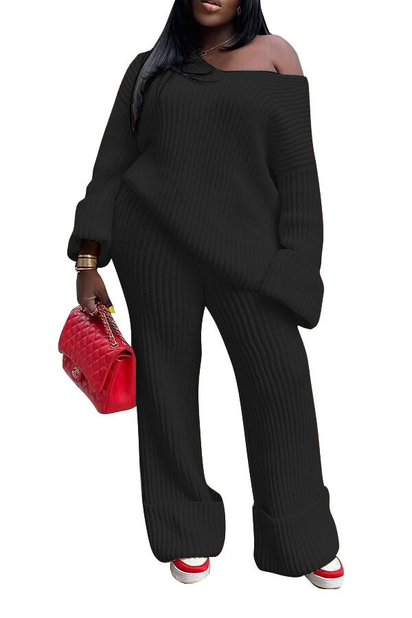 European and American women's casual solid color loose knit suit