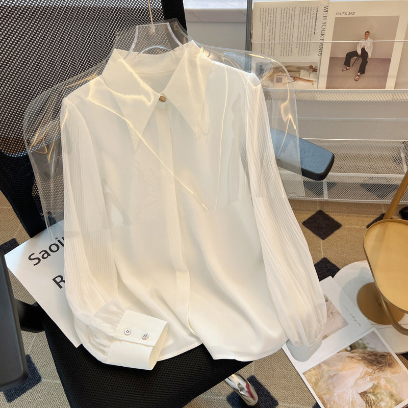 White Chiffon Shirt Women's Long Sleeve Top Elegant High-End Blouse