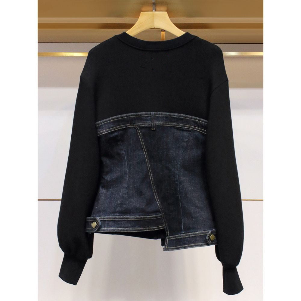 Design inspired top, fashionable and age reducing denim patchwork hoodie, women's fashion trend