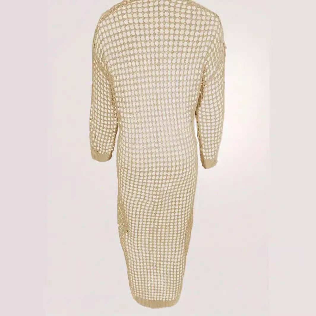 Apricot colored hollowed out elongated  fairy versatile cardigan knitted sweater