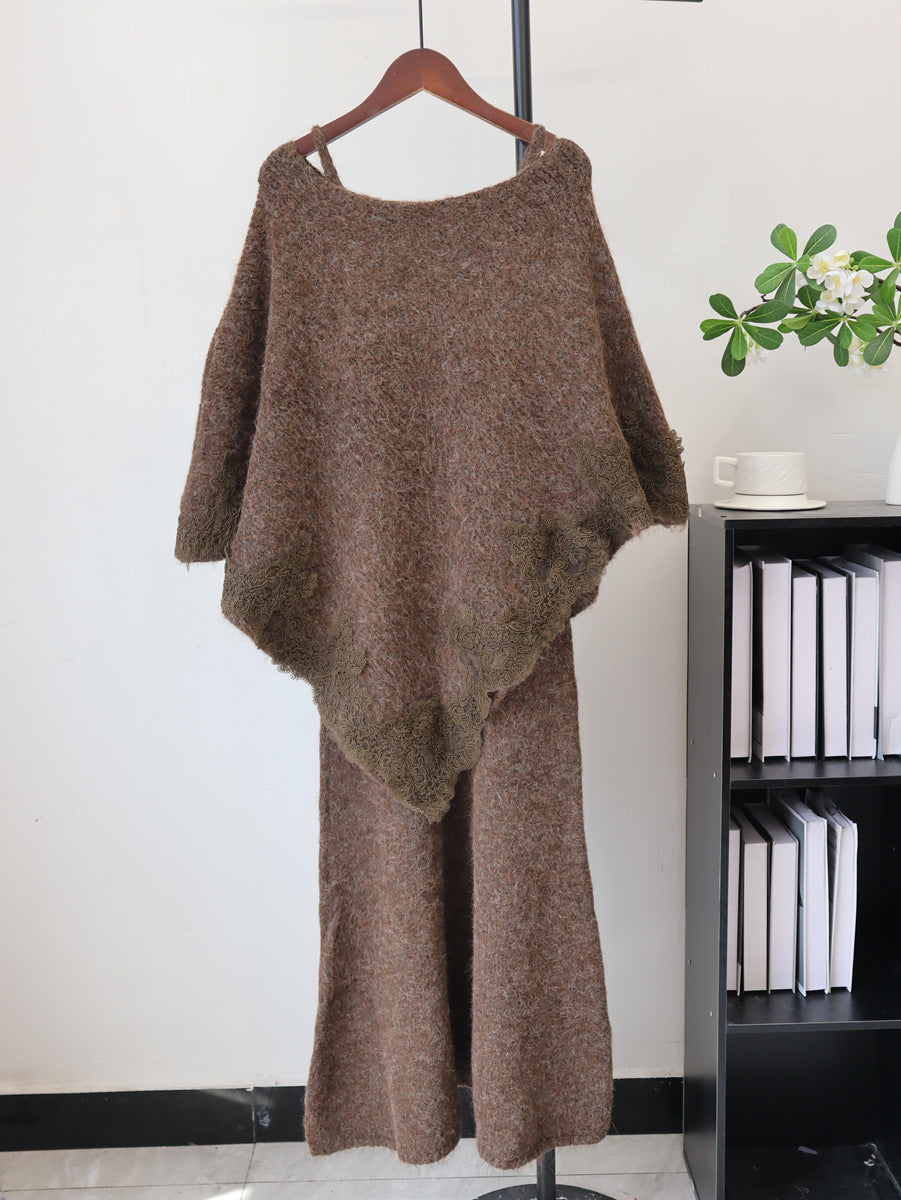 Splicing lace cape camisole dress two-piece set