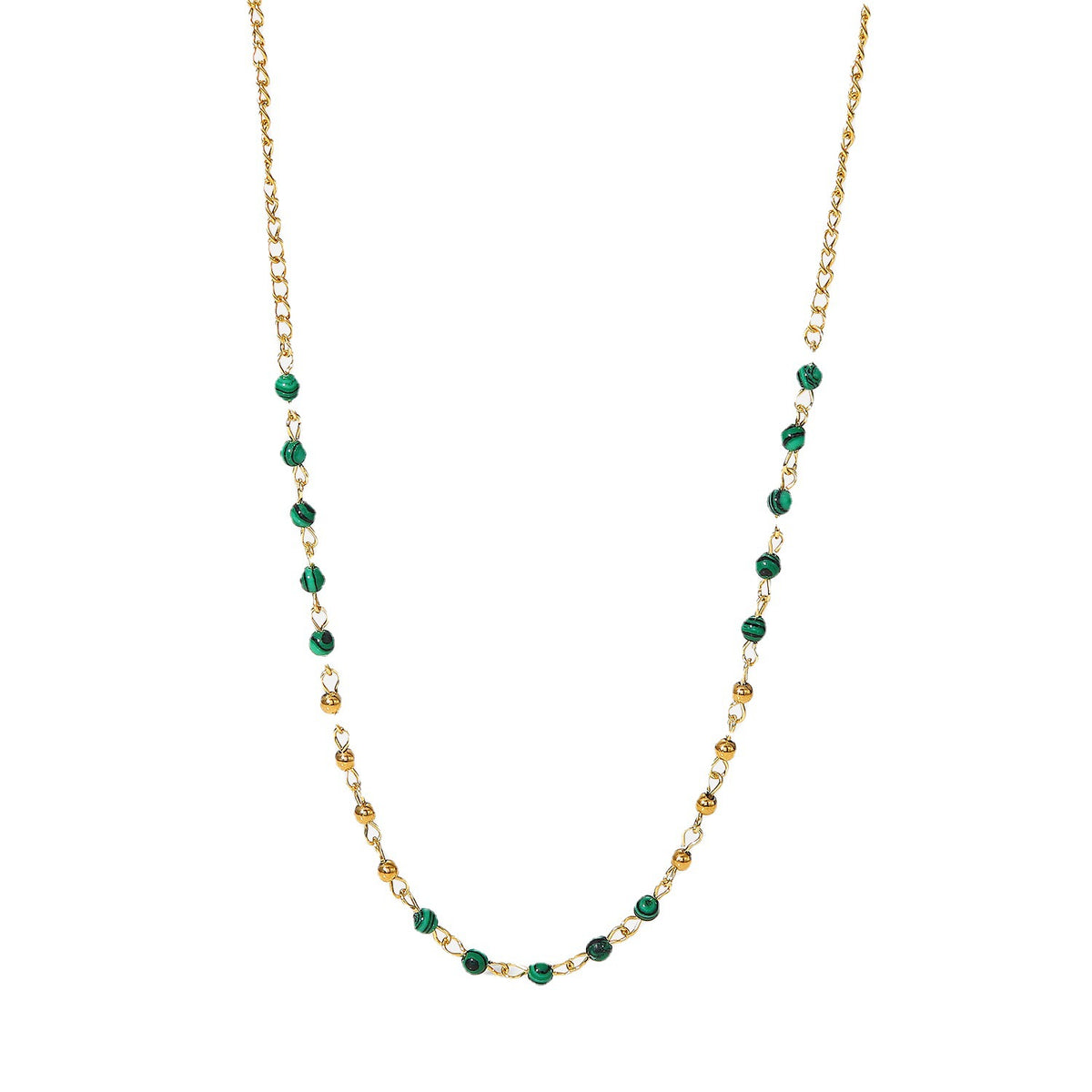 Fashionable INS style necklace with 18K gold small round beads, stainless steel necklace, green turquoise round beads, retro necklace for women