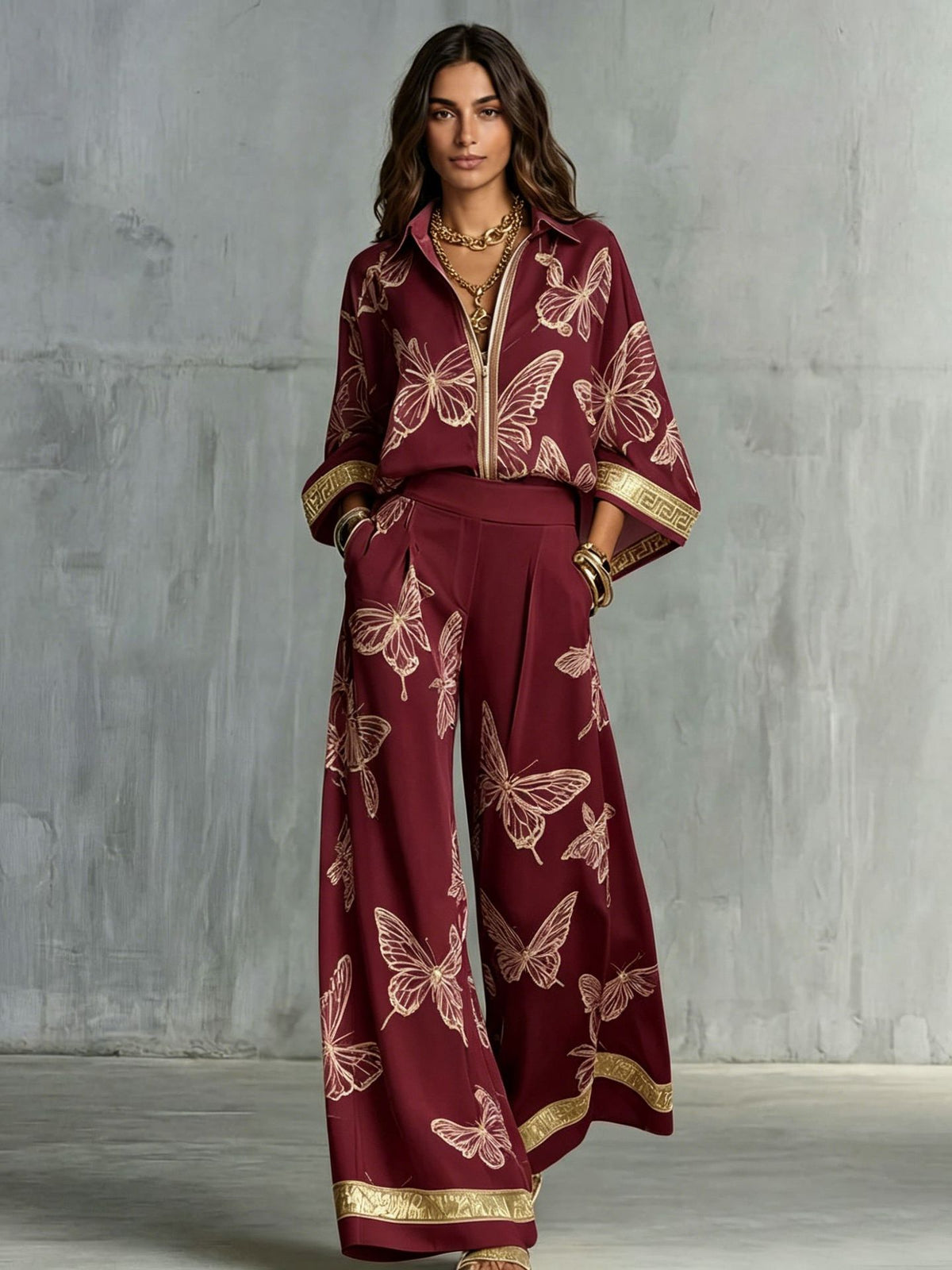 Style Women's Retro Printed Sexy Deep V Neck Loose Zipper Top with Wide Leg Pants Two-Piece Set
