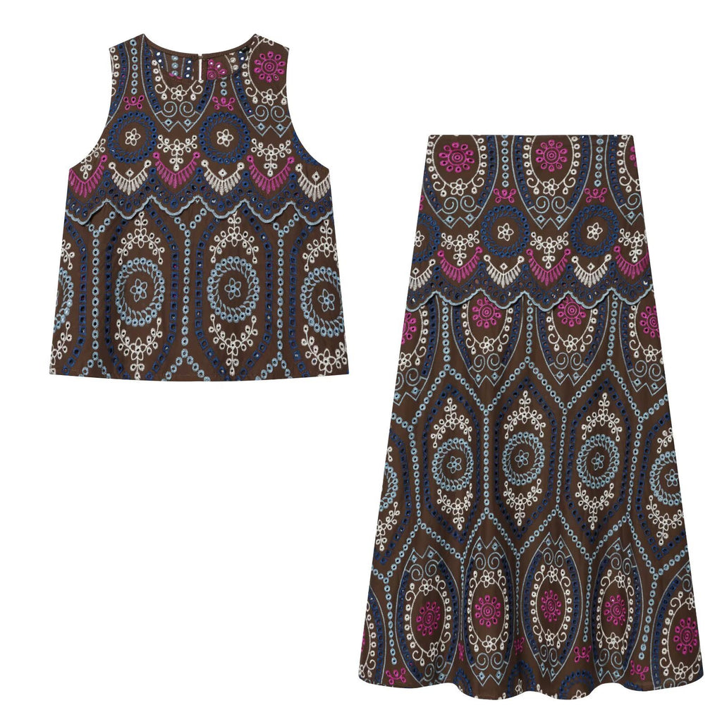 Hollow embroidery top+MIDI skirt set