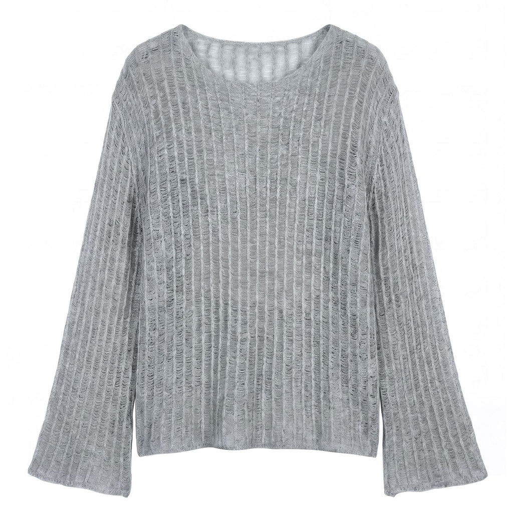 Lazy Knit Cardigan for Women, Hollow Knitwear with Flared Sleeves, Wool Blend, Relaxed Fit