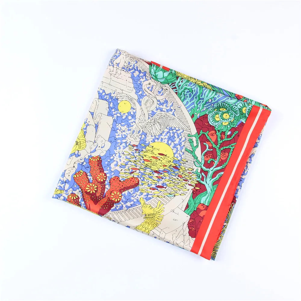 Manual Hand Rolled Twill Silk Scarf Women Ocean City Print Square Scarves