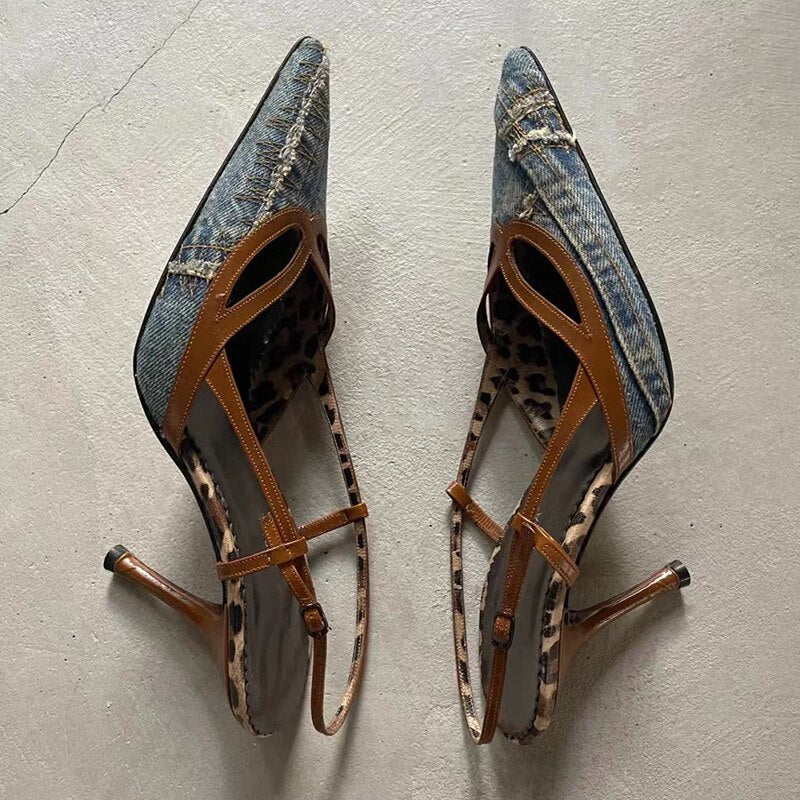 Denim Blue Pointed Toe Stiletto Sandals Women's Slingback Thin Heels Pumps Sexy Cutouts Office Lady Shoes