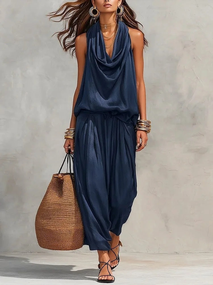 Elegant Office Wear Set for Women with Pleated Collar Top and Casual Pants Set