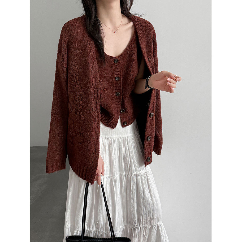 Vintage Embroidered Knit Cardigan + Sleeveless Tank Top Women's Two-Piece Set