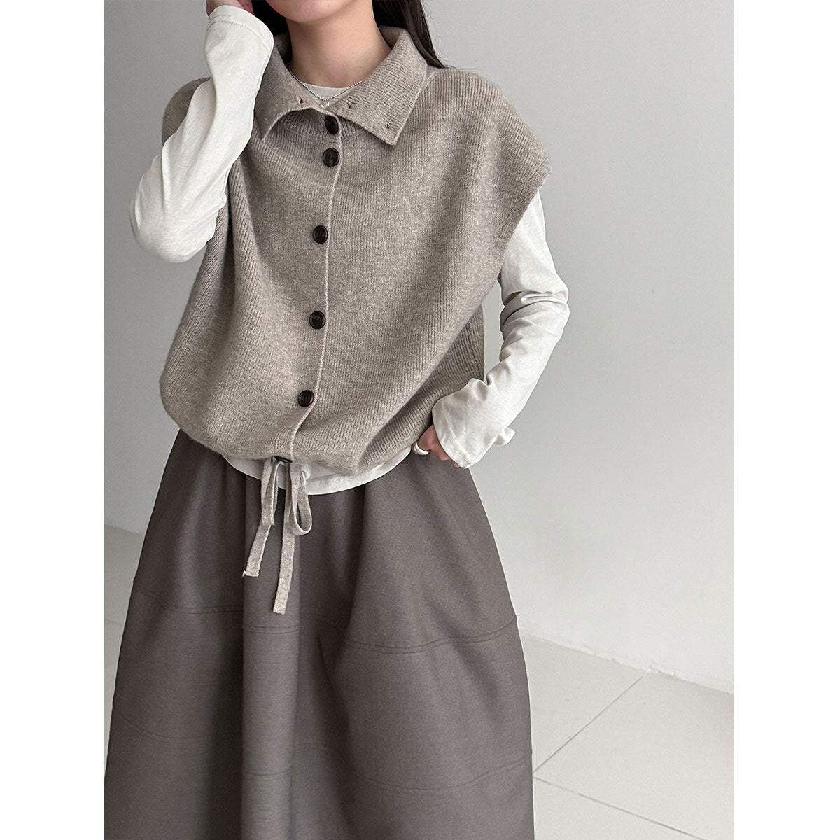 Layered High-neck Knit Vest for Women Spring Drawstring Waist Slim Fit Versatile Sweater Vest