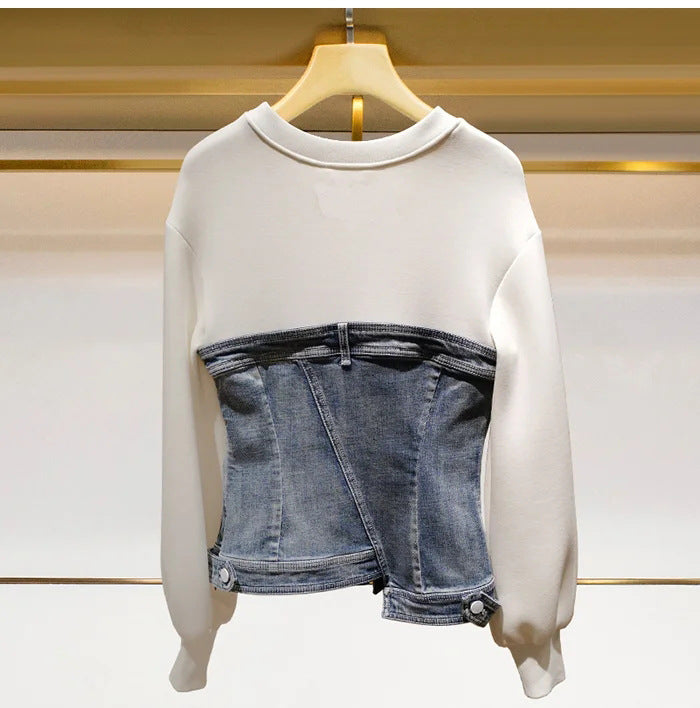 Design inspired top, fashionable and age reducing denim patchwork hoodie, women's fashion trend