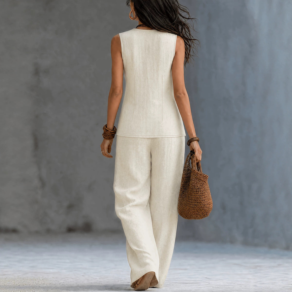 Sleeveless V-neck waist cinched top paired with wide leg pants set