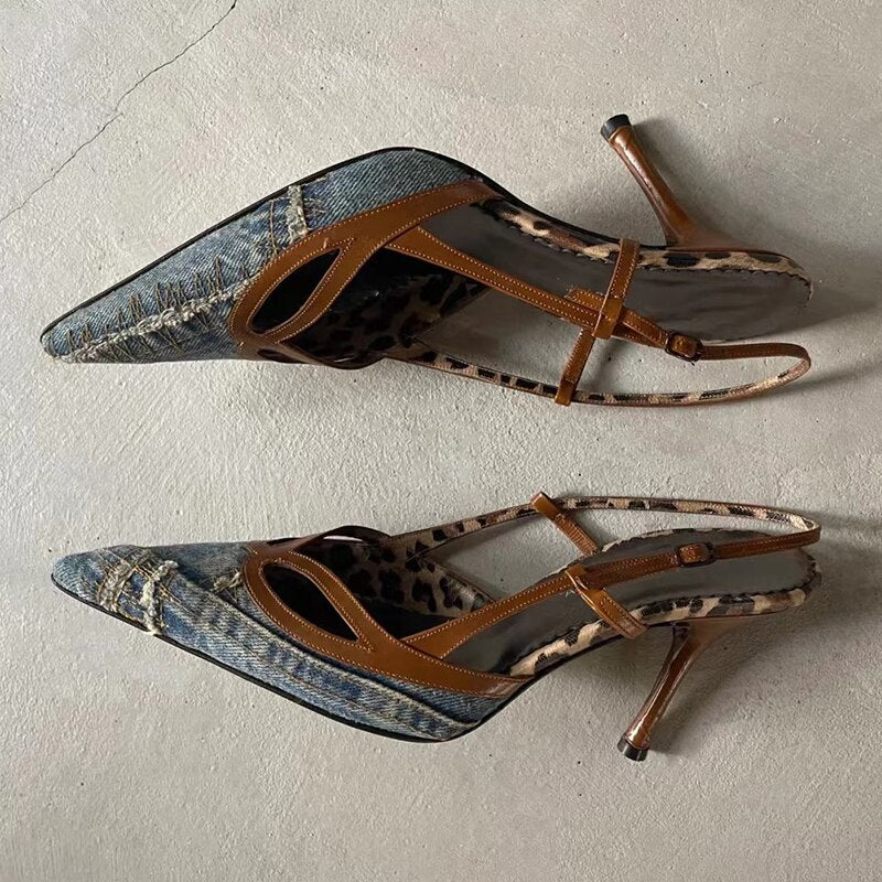 Denim Blue Pointed Toe Stiletto Sandals Women's Slingback Thin Heels Pumps Sexy Cutouts Office Lady Shoes