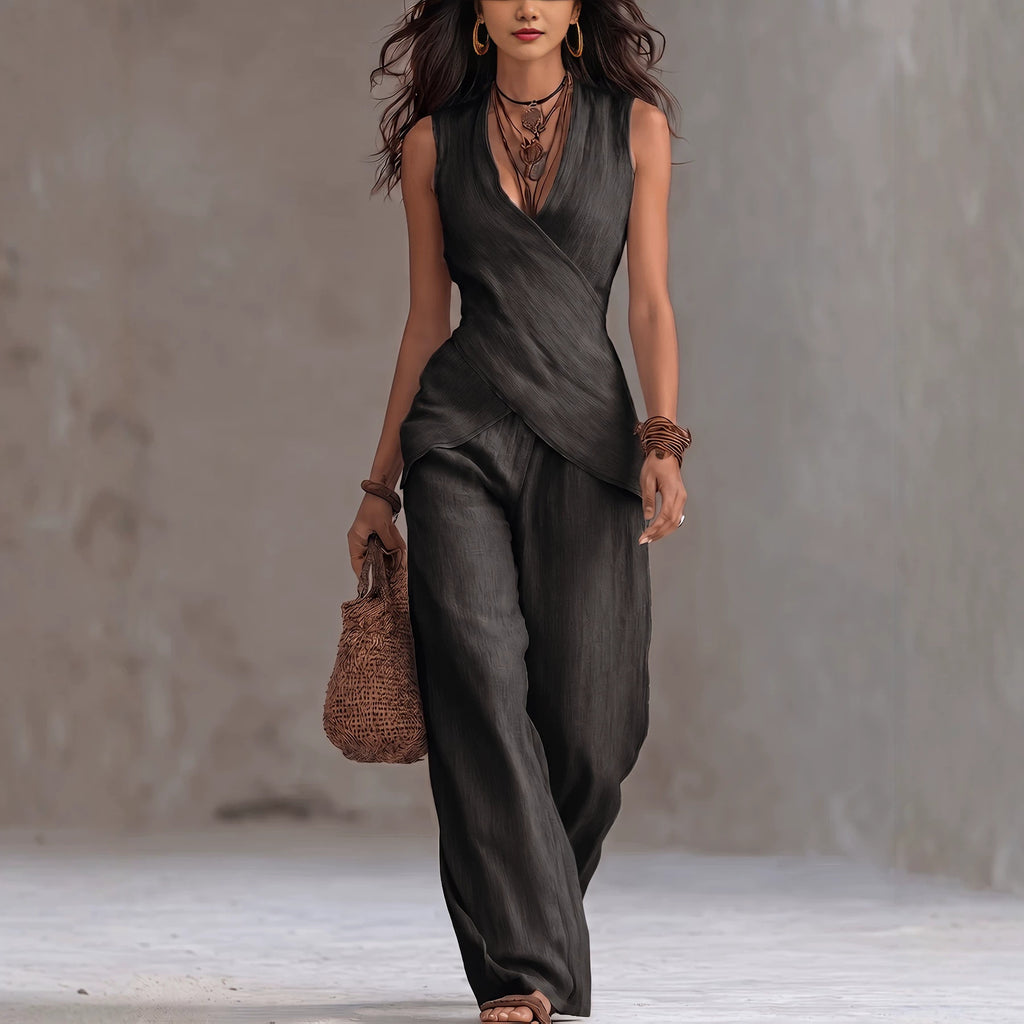 Sleeveless V-neck waist cinched top paired with wide leg pants set
