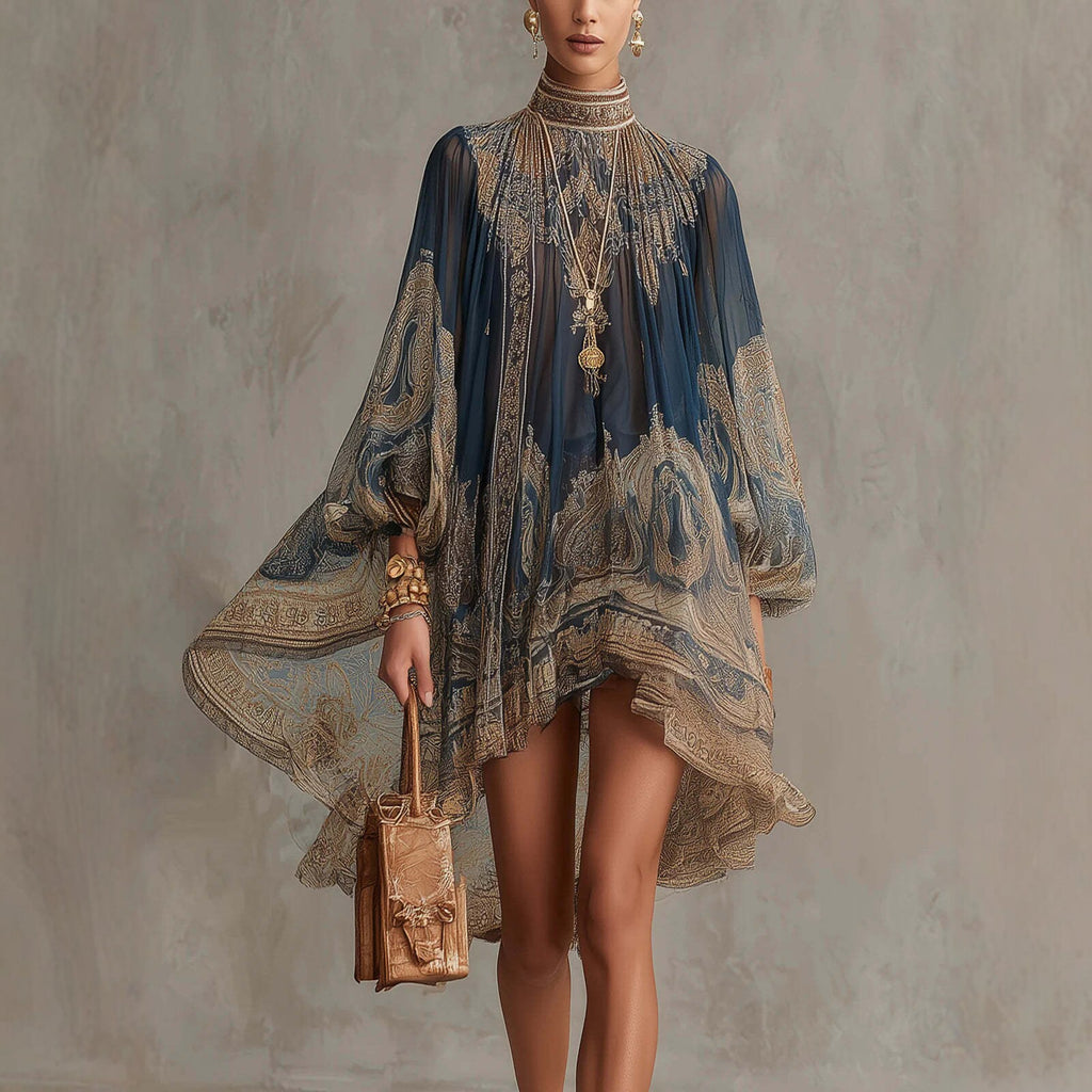 Printed Long Sleeve High Neck Loose Dress