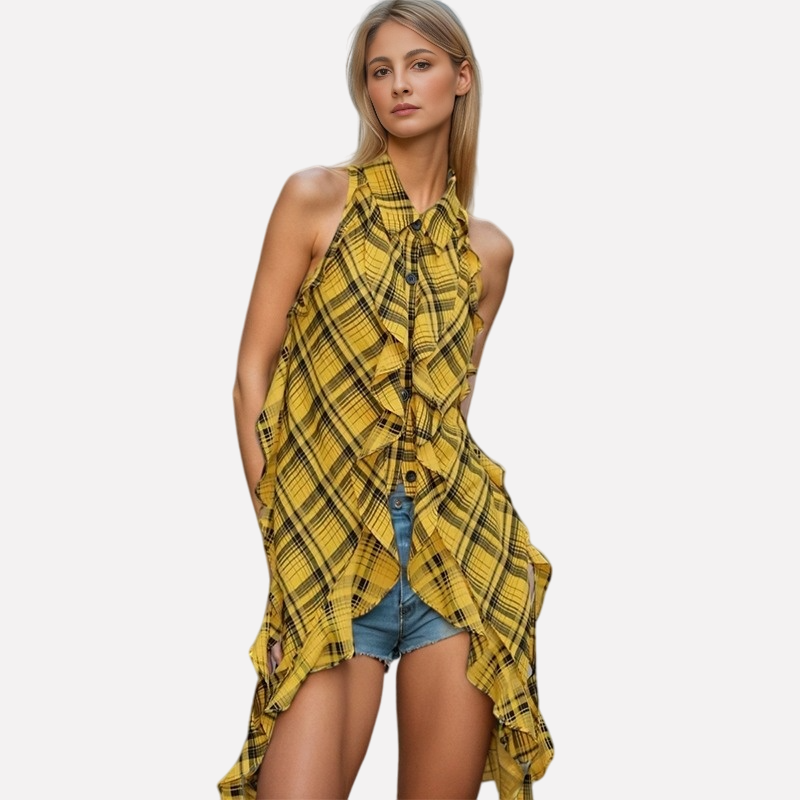 Fashionable spicy girl sleeveless yellow checkered shirt with single breasted irregular design personalized top for women