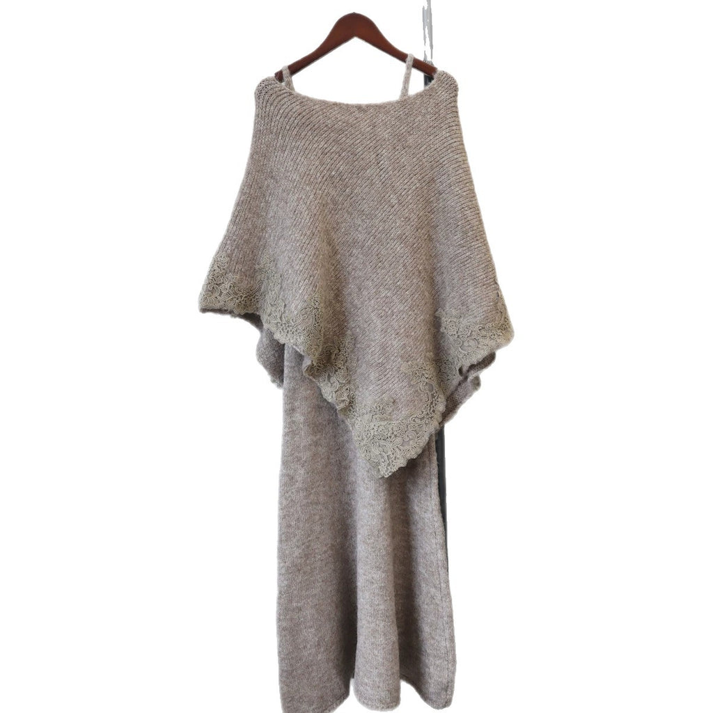 Splicing lace cape camisole dress two-piece set
