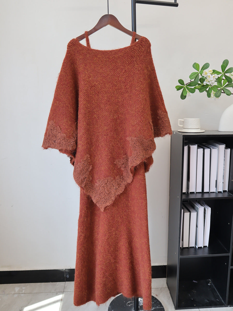 Splicing lace cape camisole dress two-piece set