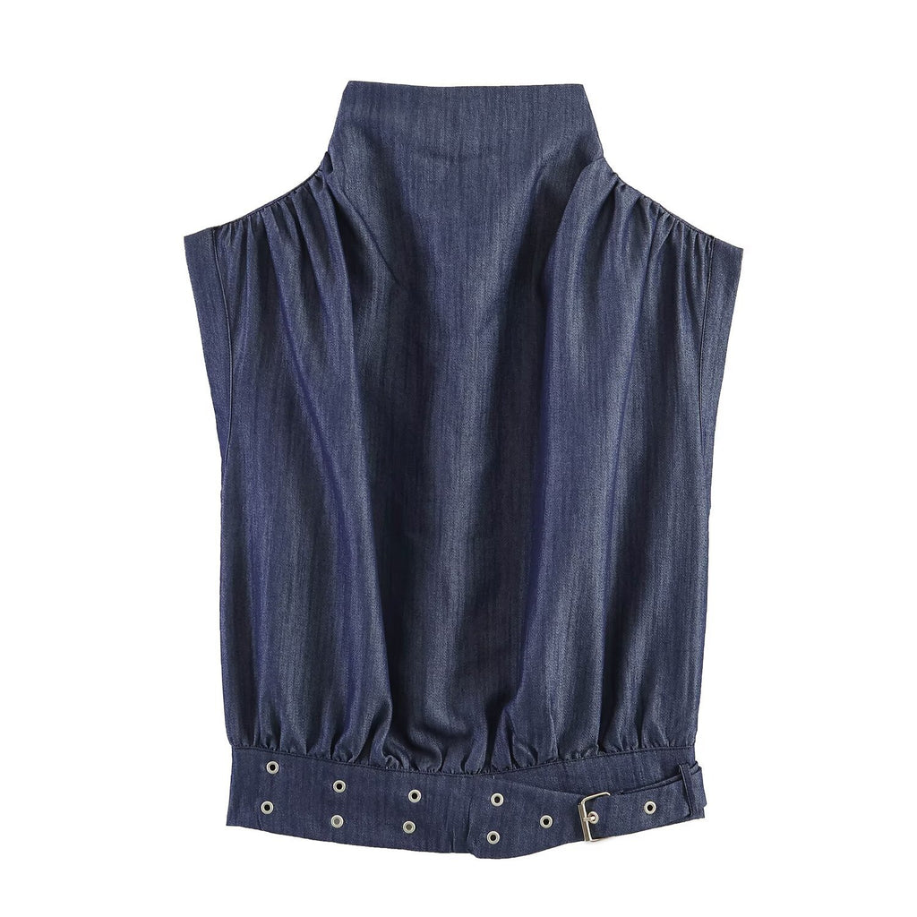 Rivet buckle top+wide leg pants set