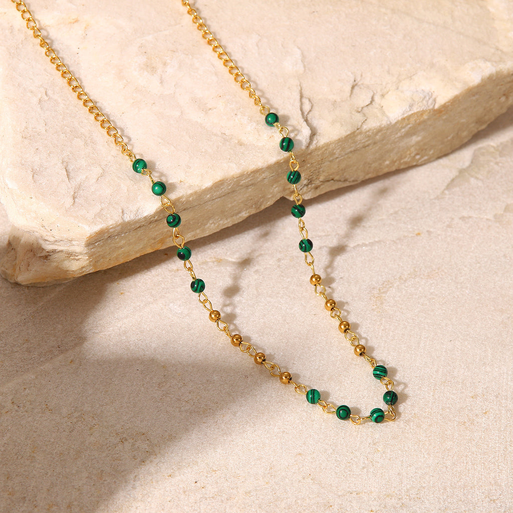 Fashionable INS style necklace with 18K gold small round beads, stainless steel necklace, green turquoise round beads, retro necklace for women
