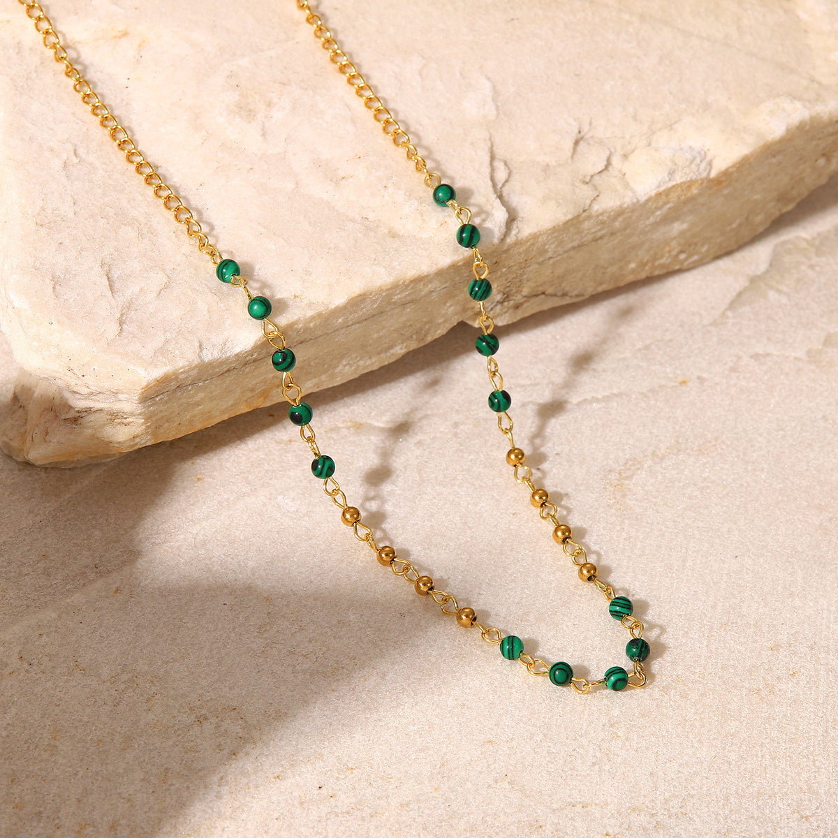 Fashionable INS style necklace with 18K gold small round beads, stainless steel necklace, green turquoise round beads, retro necklace for women