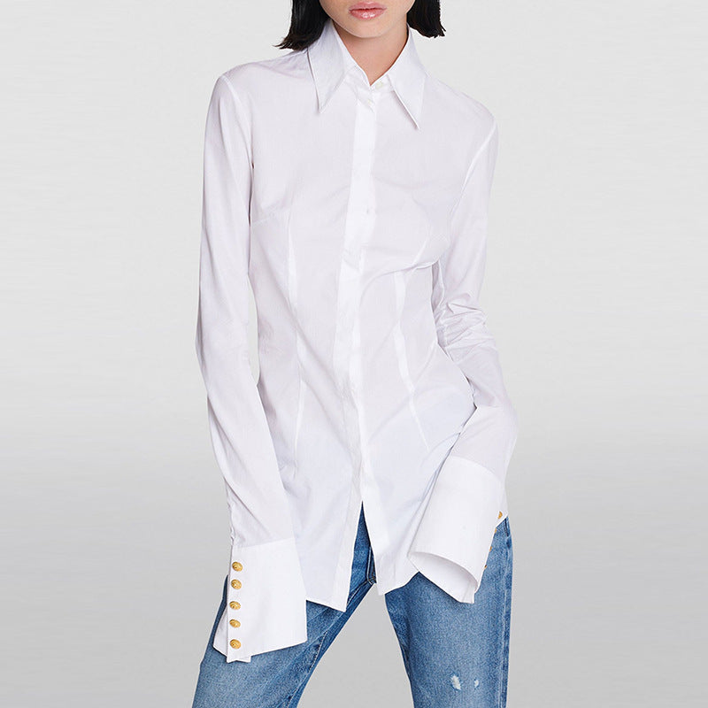 European and American celebrities fashion simple slim fit versatile white long sleeved trumpet sleeve shirt