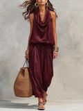 Elegant Office Wear Set for Women with Pleated Collar Top and Casual Pants Set