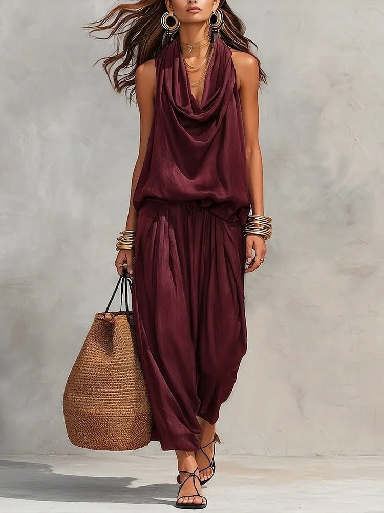Elegant Office Wear Set for Women with Pleated Collar Top and Casual Pants Set
