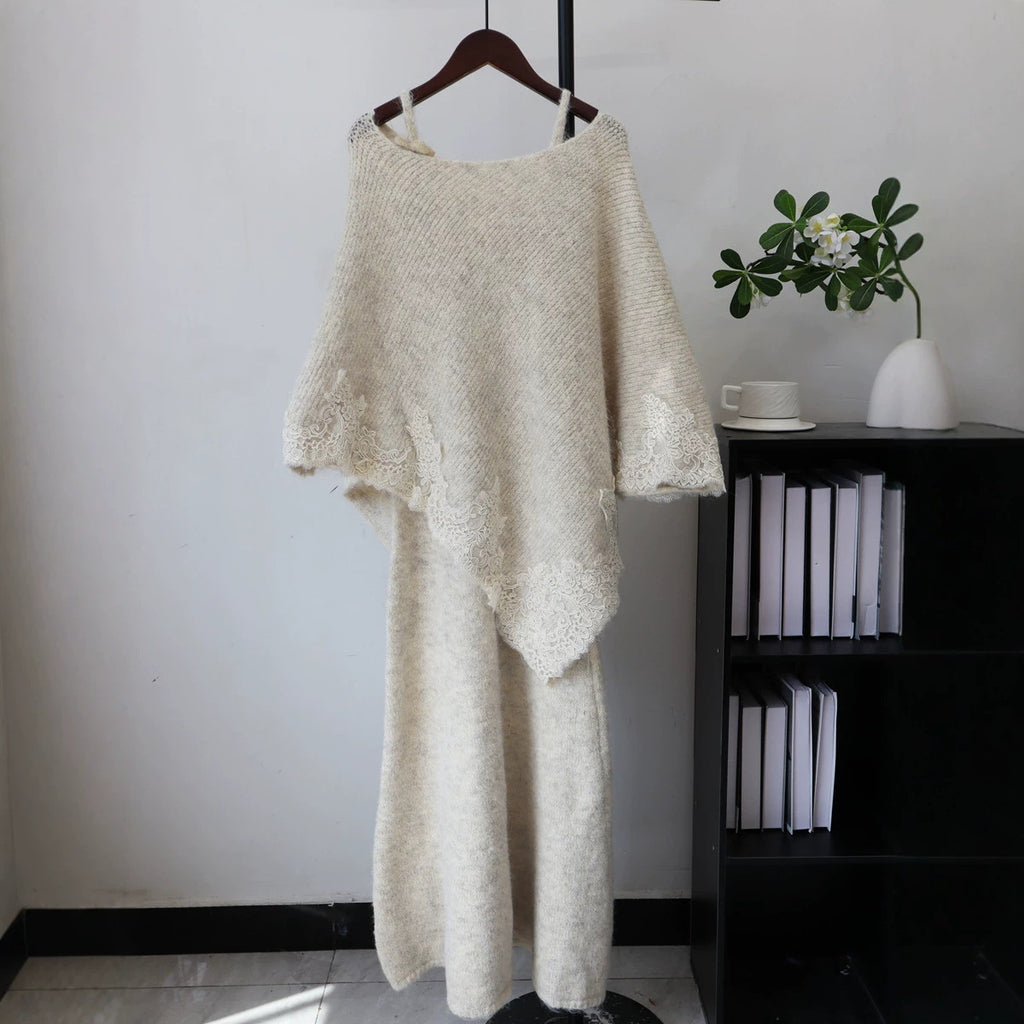 Splicing lace cape camisole dress two-piece set