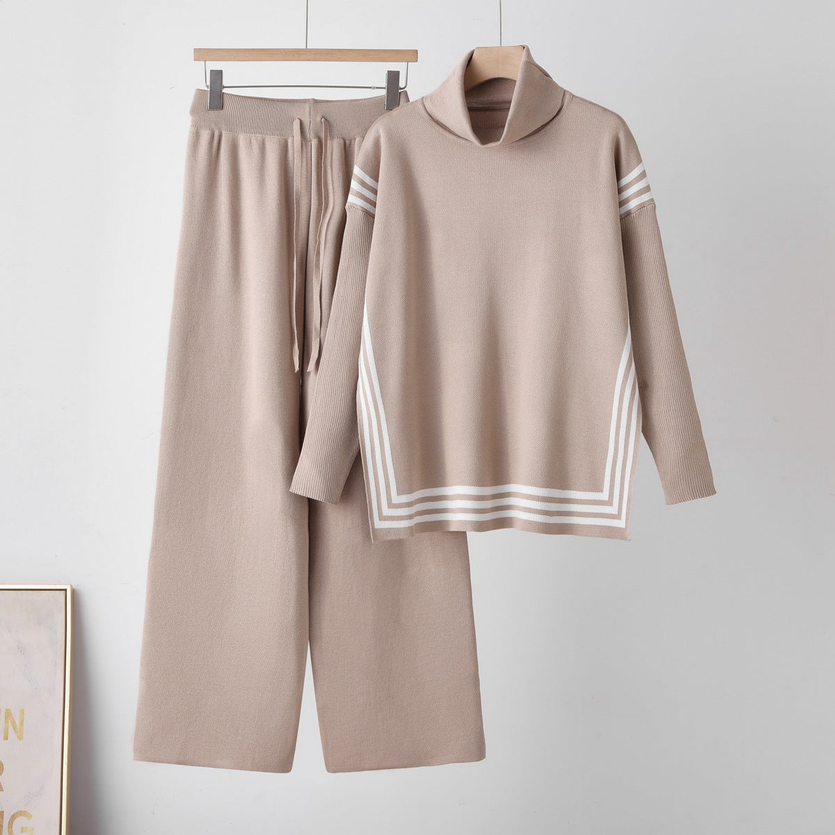 High neck sweater straight leg pants two-piece set for women